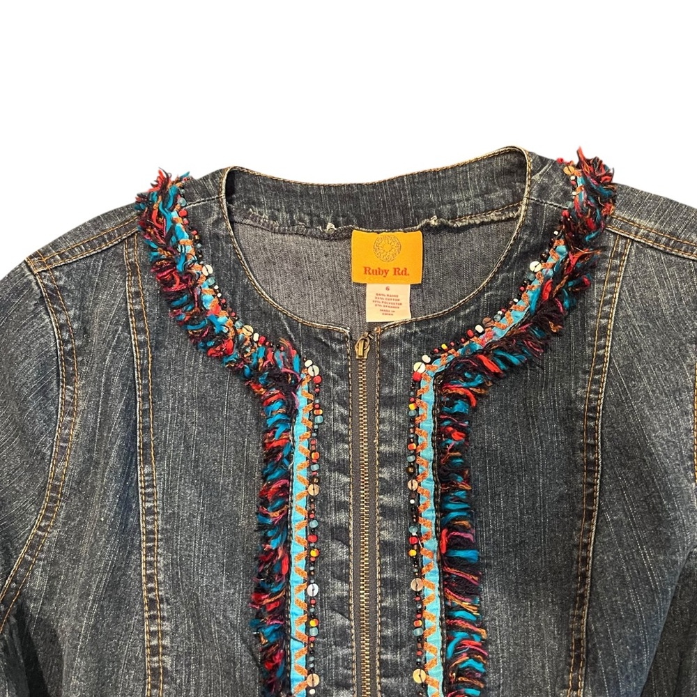 Ruby Rd Women 6 Blue Denim Full Zip Fringe Embellished Beaded Jacket Boho Chic - Picture 3 of 8